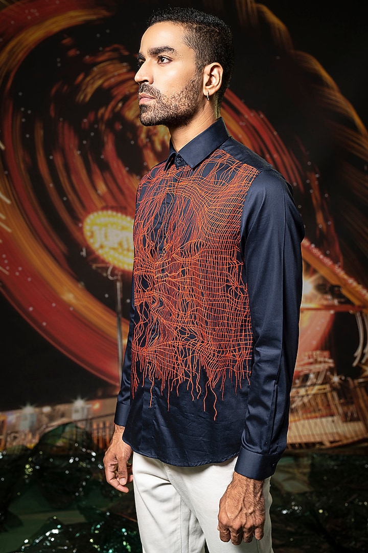 Deep Navy Cotton Embroidered Party Wear Shirt by Abkasa at Pernia's Pop Up Shop