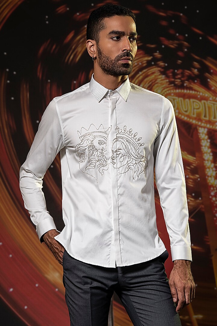 White Cotton Embroidered Shirt by Abkasa