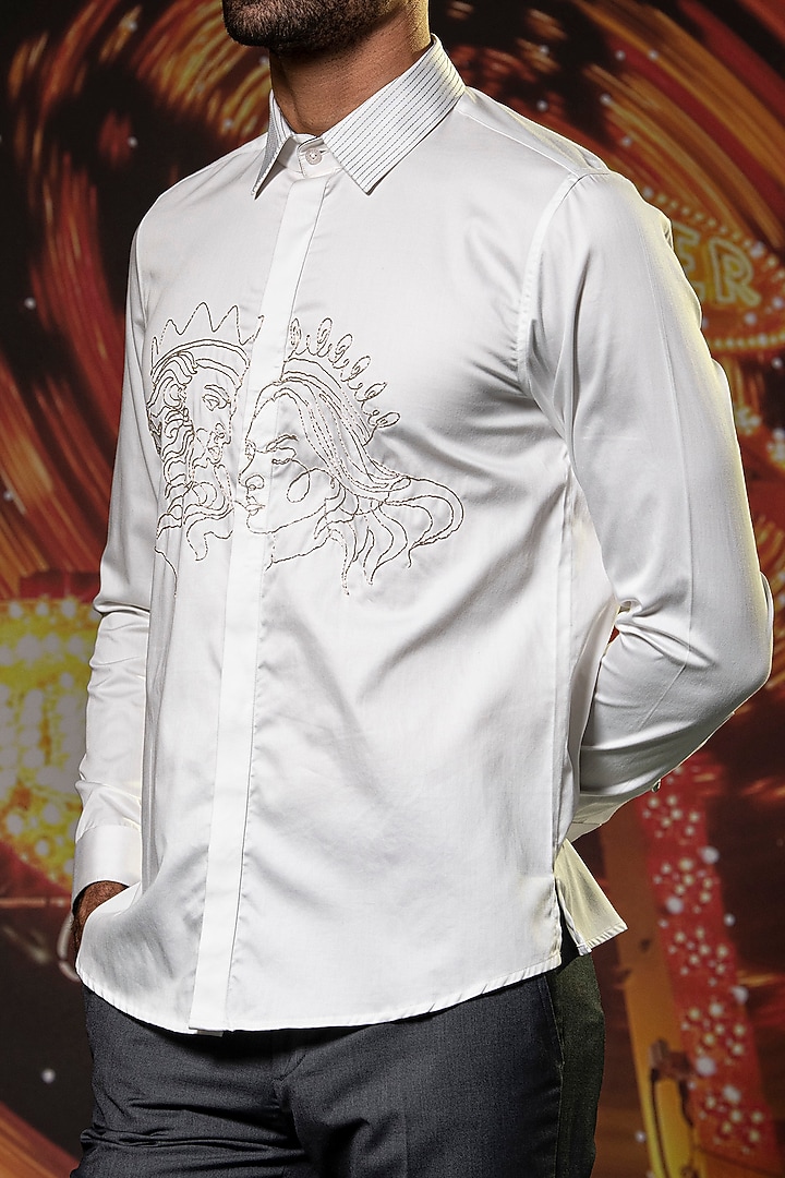 White Cotton Embroidered Party Wear Shirt by Abkasa at Pernia's Pop Up Shop