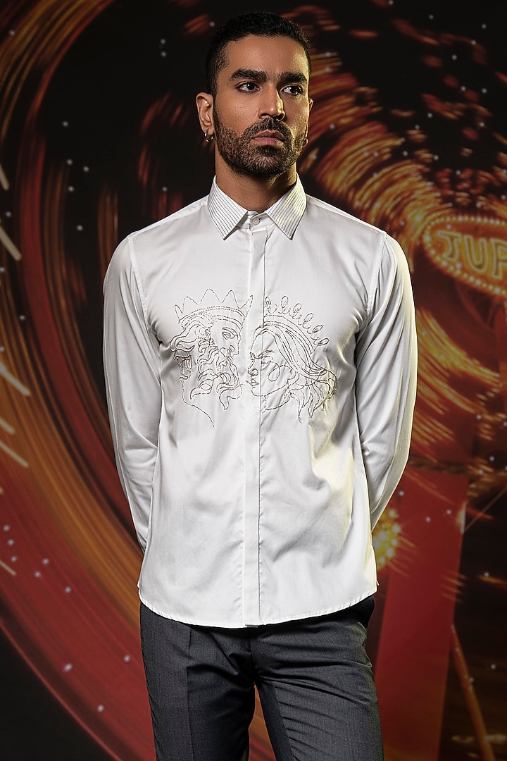 White Cotton Embroidered Party Wear Shirt by Abkasa at Pernia's Pop Up Shop