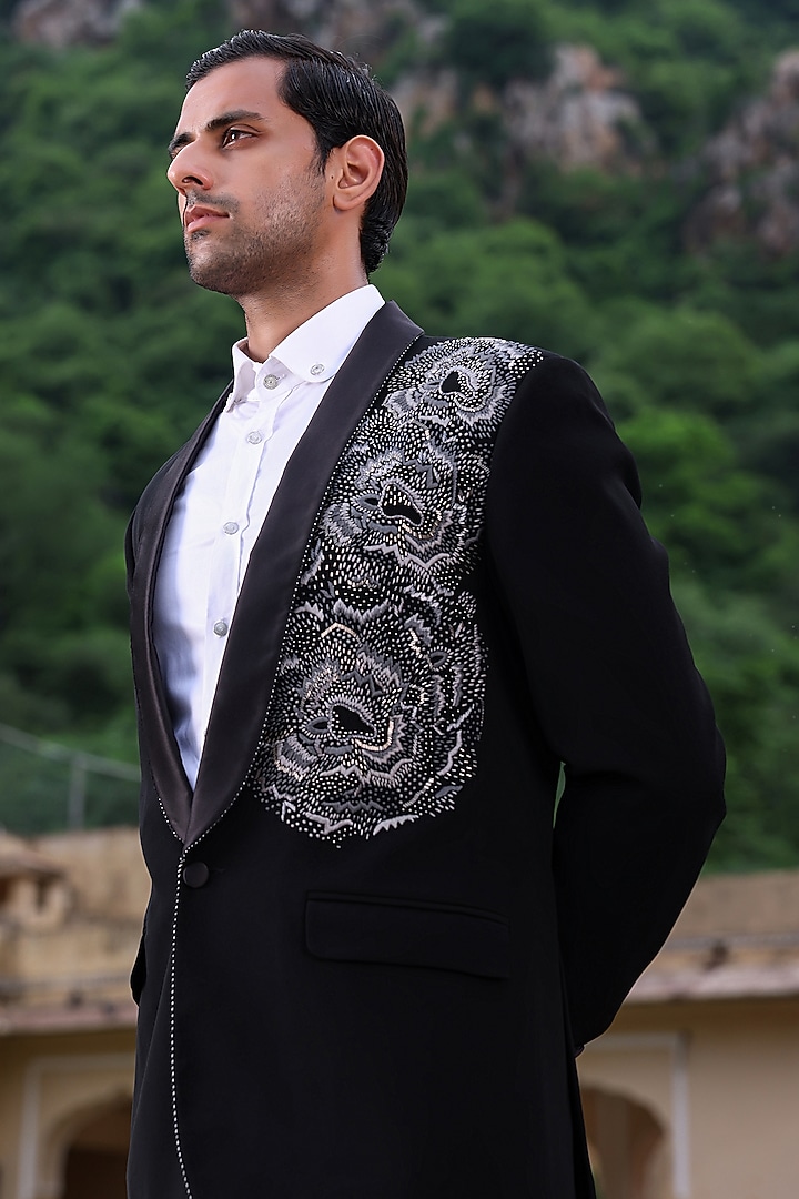 Black Japanese Fabric Blazer Set by Abkasa at Pernia's Pop Up Shop