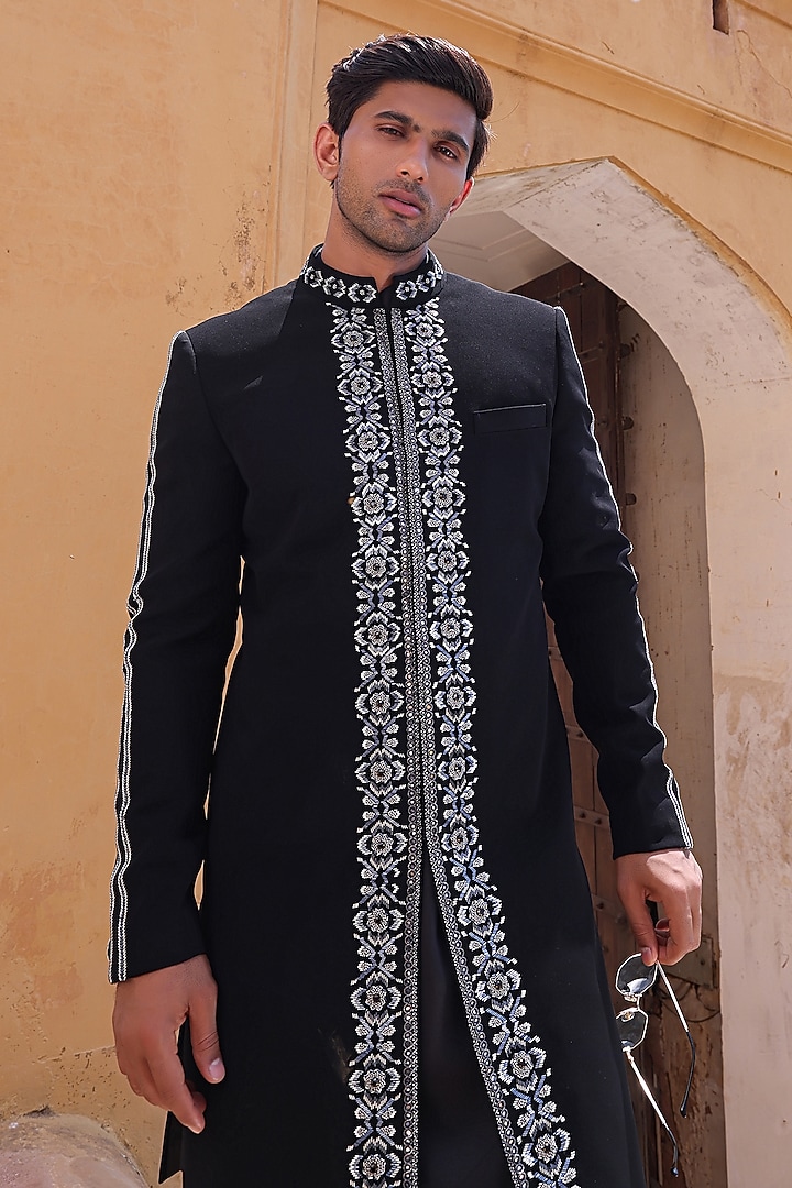 Black Japanese Fabric & Modal Satin Wedding Indowestern Set by Abkasa at Pernia's Pop Up Shop