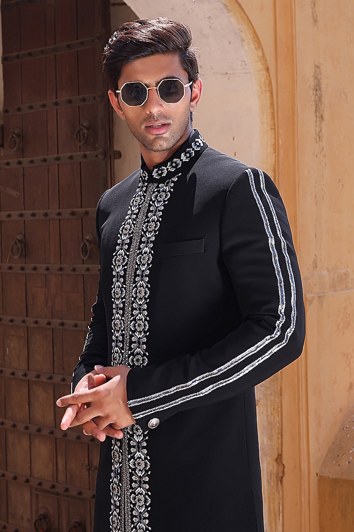 Black Japanese Fabric & Modal Satin Wedding Indowestern Set by Abkasa at Pernia's Pop Up Shop