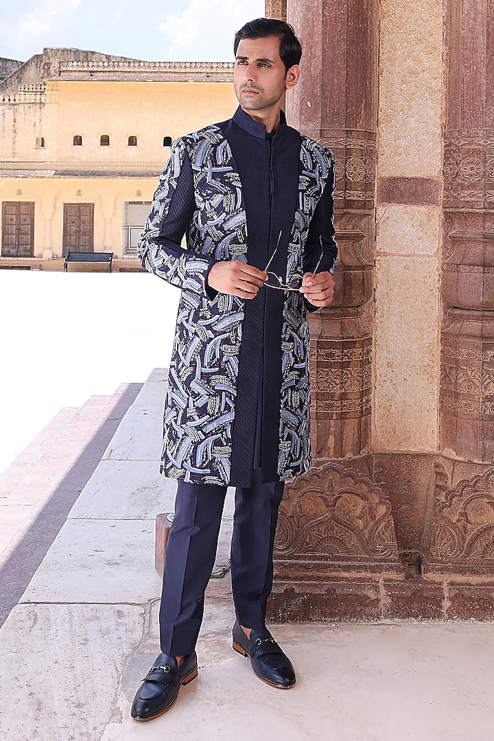 Navy Blue Pure Silk & Katan Silk Groom Indowestern Set by Abkasa at Pernia's Pop Up Shop