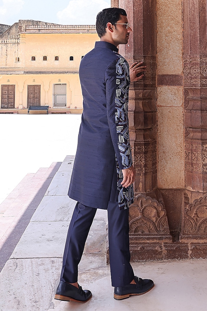 Navy Blue Pure Silk & Katan Silk Groom Indowestern Set by Abkasa at Pernia's Pop Up Shop