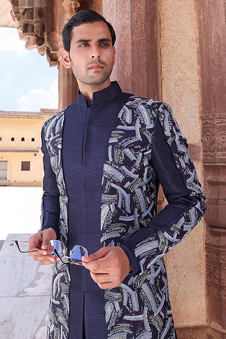 Navy Blue Pure Silk & Katan Silk Groom Indowestern Set by Abkasa at Pernia's Pop Up Shop