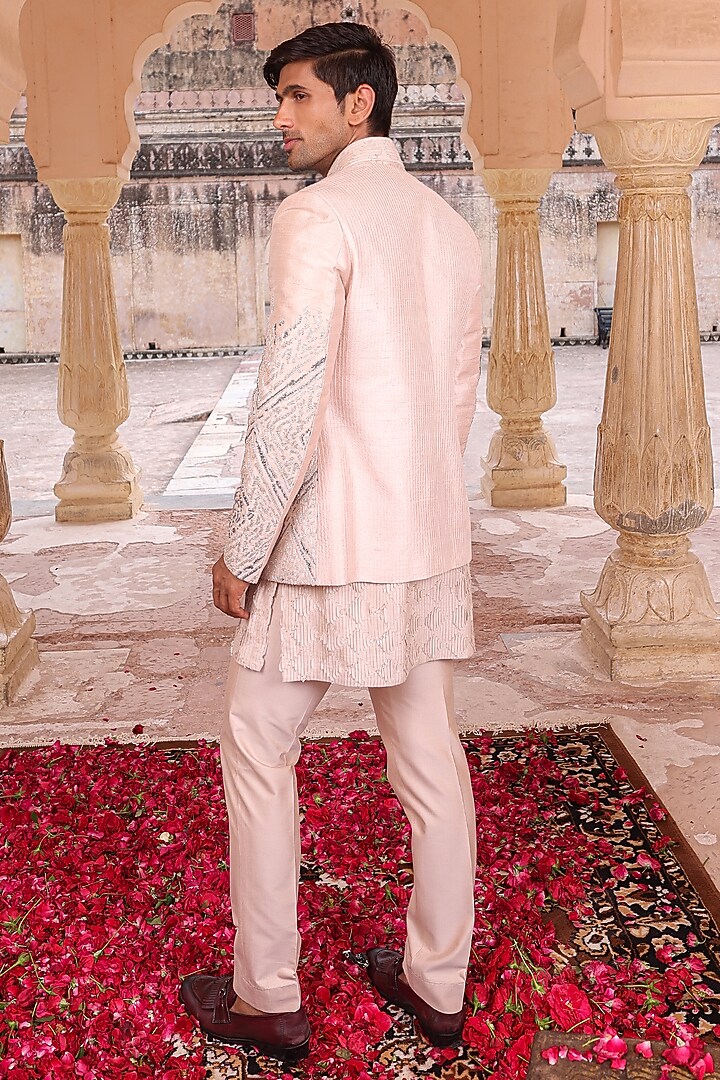Peach Pure Silk & Katan Silk Wedding Indowestern Set by Abkasa at Pernia's Pop Up Shop