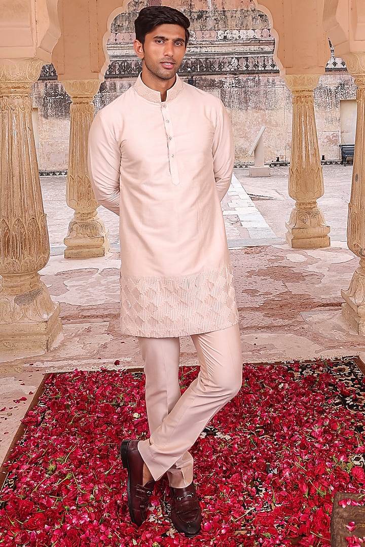 Peach Pure Silk & Katan Silk Wedding Indowestern Set by Abkasa at Pernia's Pop Up Shop