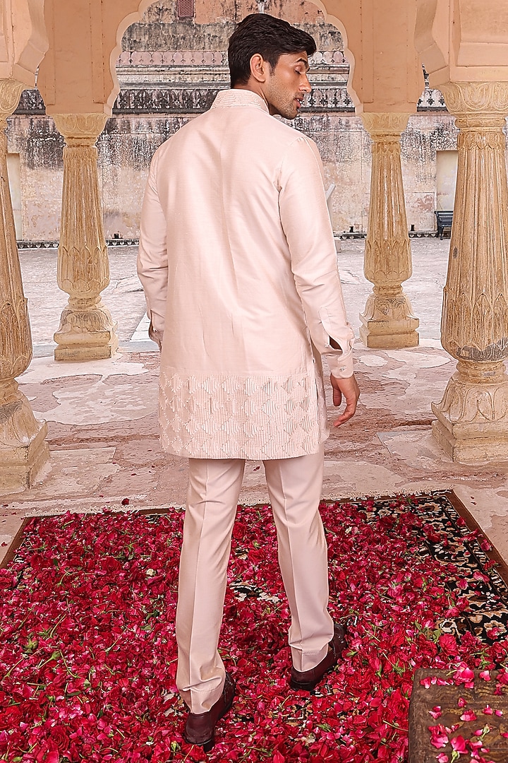 Peach Pure Silk & Katan Silk Wedding Indowestern Set by Abkasa at Pernia's Pop Up Shop