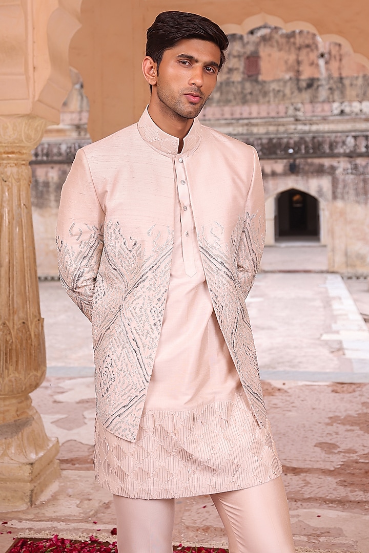 Peach Pure Silk & Katan Silk Wedding Indowestern Set by Abkasa at Pernia's Pop Up Shop