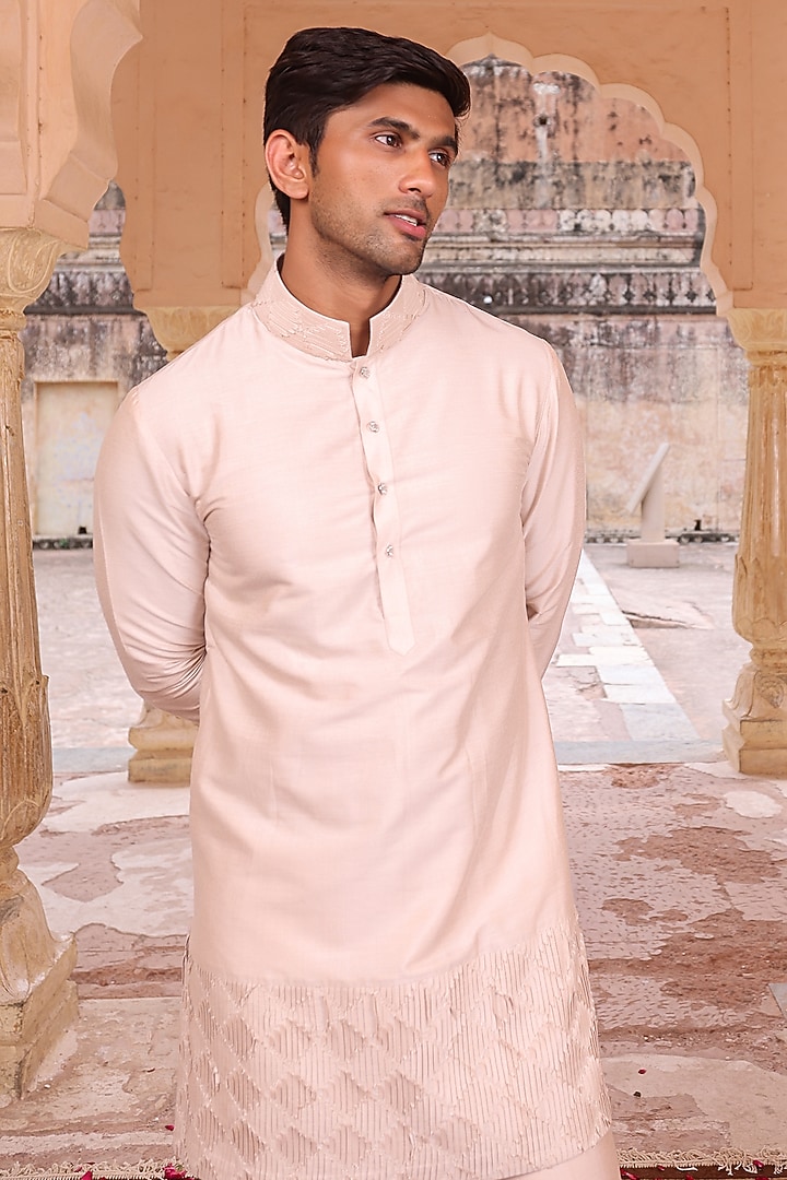 Peach Pure Silk & Katan Silk Wedding Indowestern Set by Abkasa at Pernia's Pop Up Shop