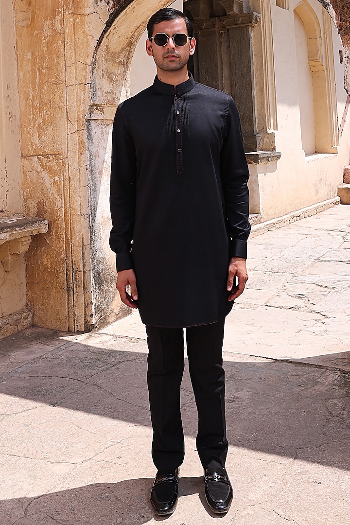 Black Modal Satin Kurta Set by Abkasa at Pernia's Pop Up Shop