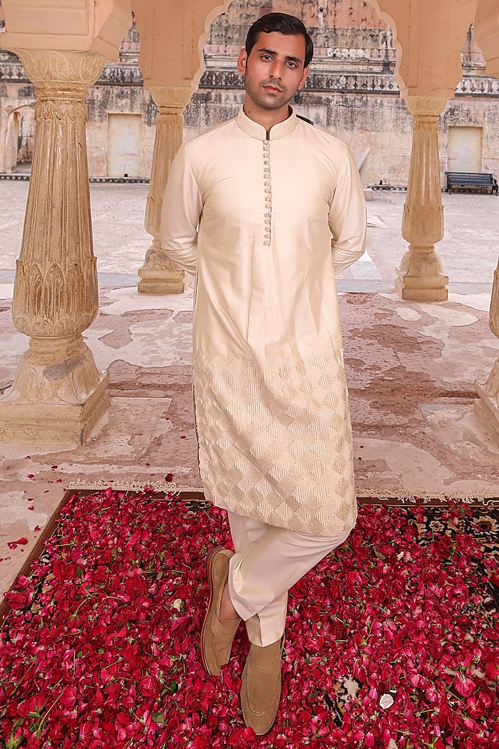 Beige Katan Silk Kurta Set by Abkasa