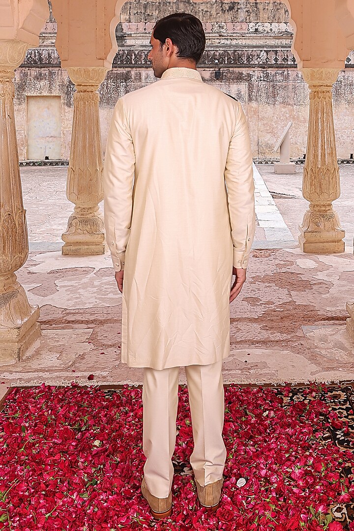 Beige Katan Silk Kurta Set by Abkasa at Pernia's Pop Up Shop