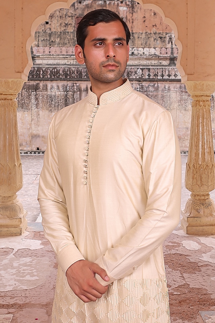 Beige Katan Silk Kurta Set by Abkasa at Pernia's Pop Up Shop