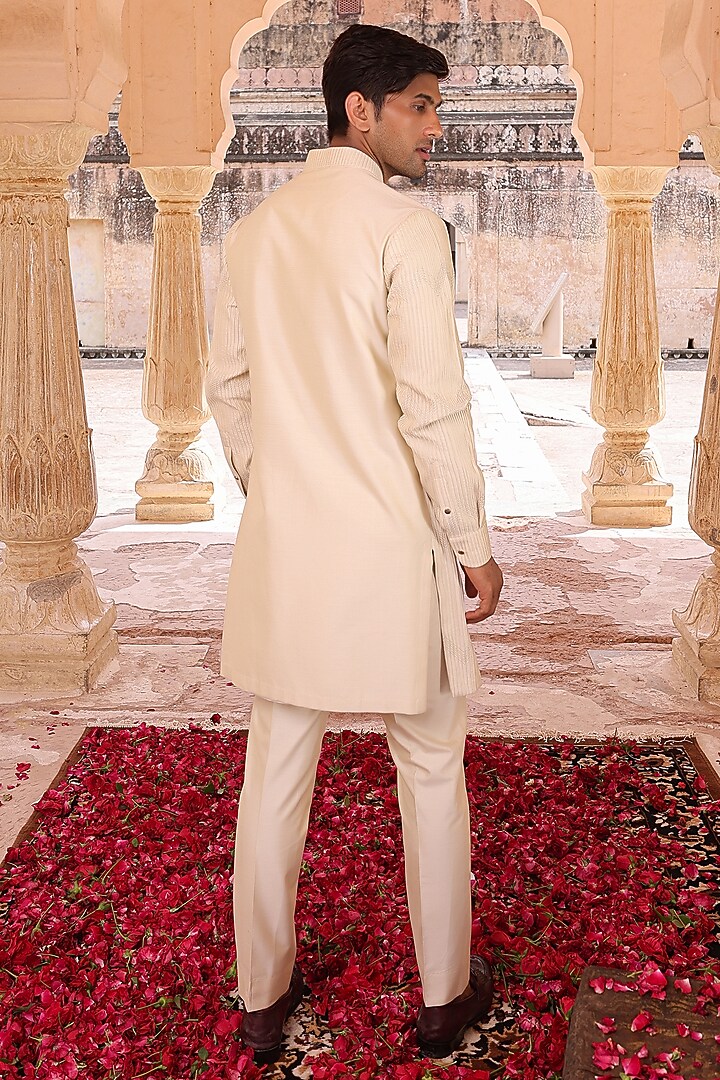 Beige Katan Silk Kurta Set by Abkasa at Pernia's Pop Up Shop
