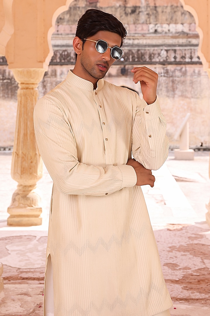 Beige Katan Silk Kurta Set by Abkasa at Pernia's Pop Up Shop