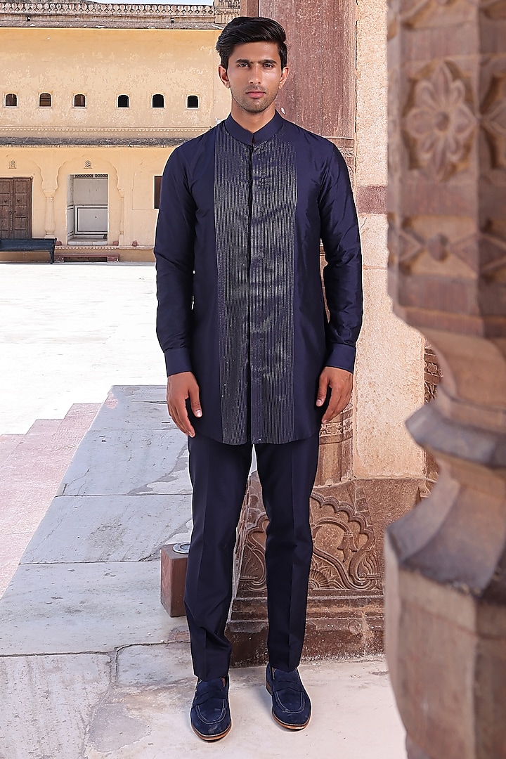 Navy Blue Katan Silk Kurta Set by Abkasa at Pernia's Pop Up Shop