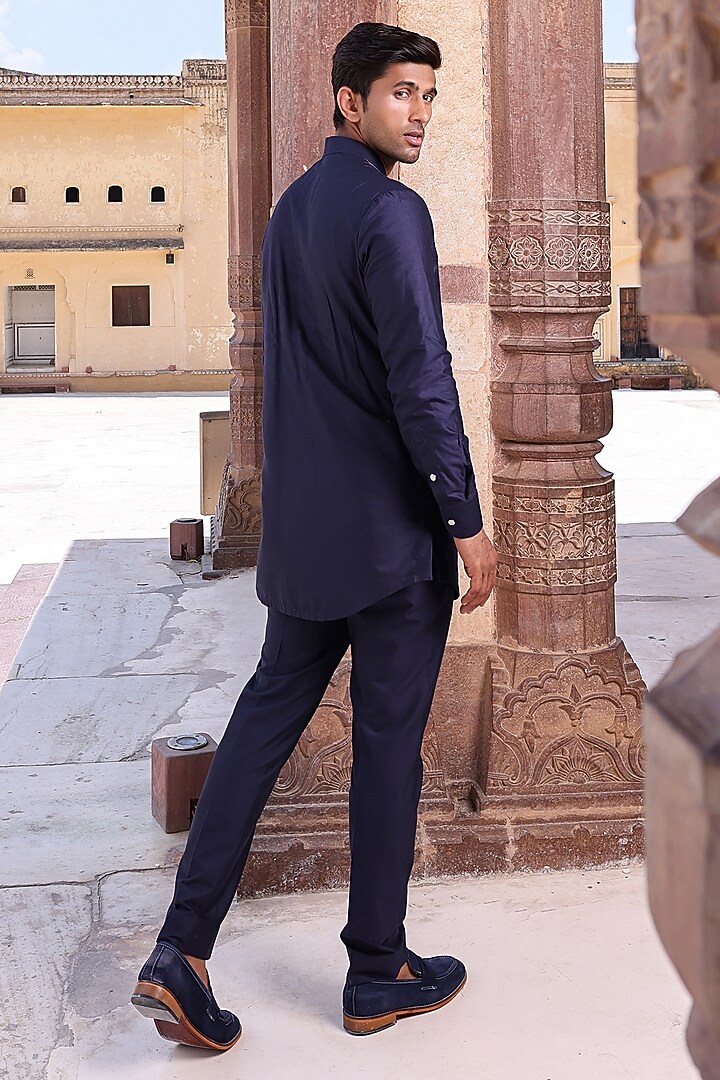 Navy Blue Katan Silk Kurta Set by Abkasa at Pernia's Pop Up Shop
