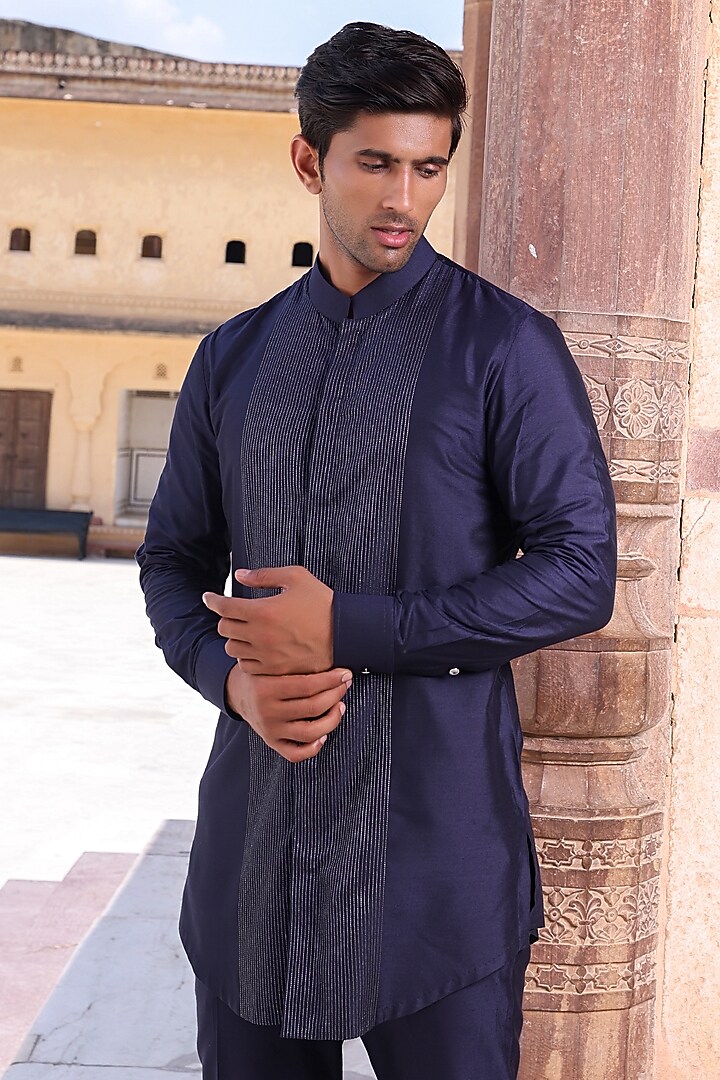 Navy Blue Katan Silk Kurta Set by Abkasa at Pernia's Pop Up Shop
