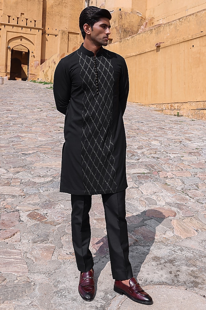 Black Katan Silk Kurta Set by Abkasa at Pernia's Pop Up Shop