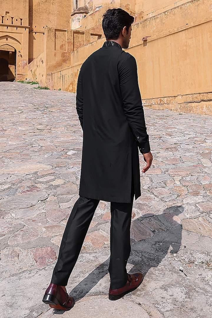 Black Katan Silk Kurta Set by Abkasa at Pernia's Pop Up Shop