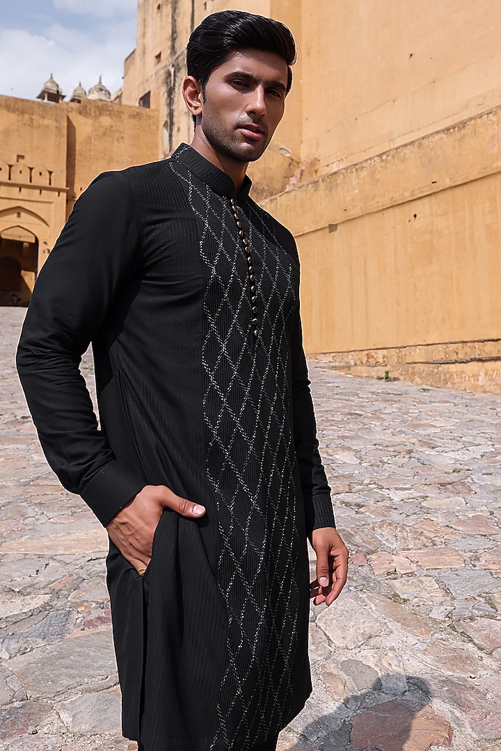 Black Katan Silk Kurta Set by Abkasa at Pernia's Pop Up Shop