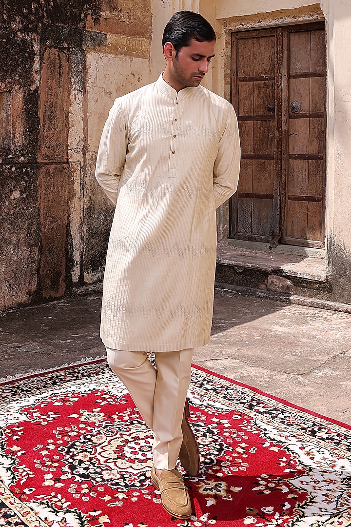 Beige Katan Silk Kurta Set by Abkasa