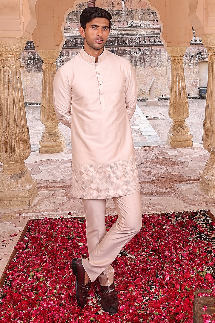 Peach Katan Silk Kurta Set by Abkasa