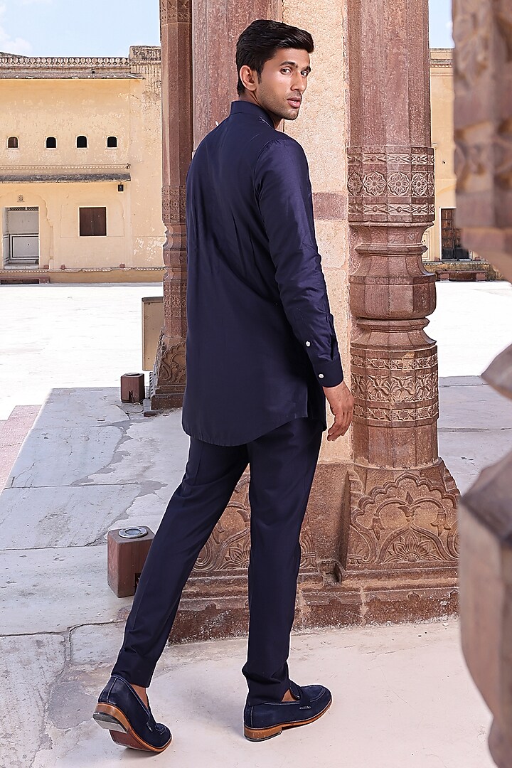 Navy Blue Katan Silk Kurta Set by Abkasa at Pernia's Pop Up Shop