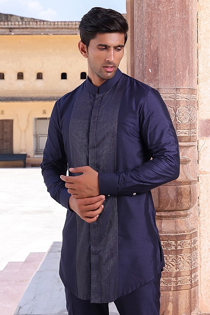 Navy Blue Katan Silk Kurta Set by Abkasa at Pernia's Pop Up Shop