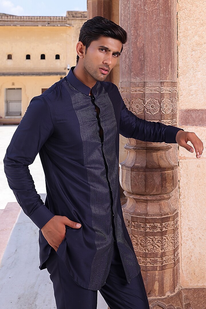 Navy Blue Katan Silk Kurta Set by Abkasa at Pernia's Pop Up Shop
