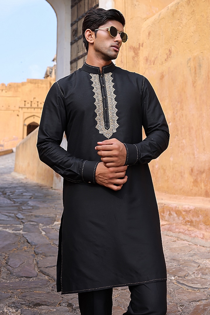 Black Katan Silk Kurta Set by Abkasa at Pernia's Pop Up Shop