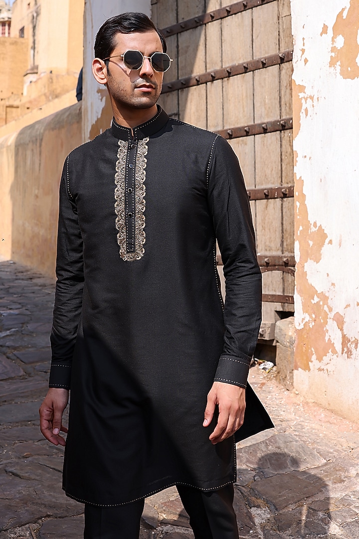 Black Katan Silk Kurta Set by Abkasa at Pernia's Pop Up Shop