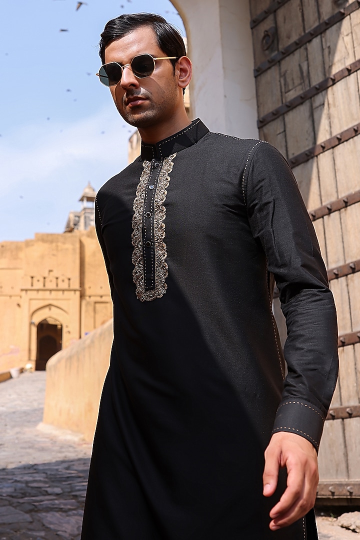 Black Katan Silk Kurta Set by Abkasa at Pernia's Pop Up Shop
