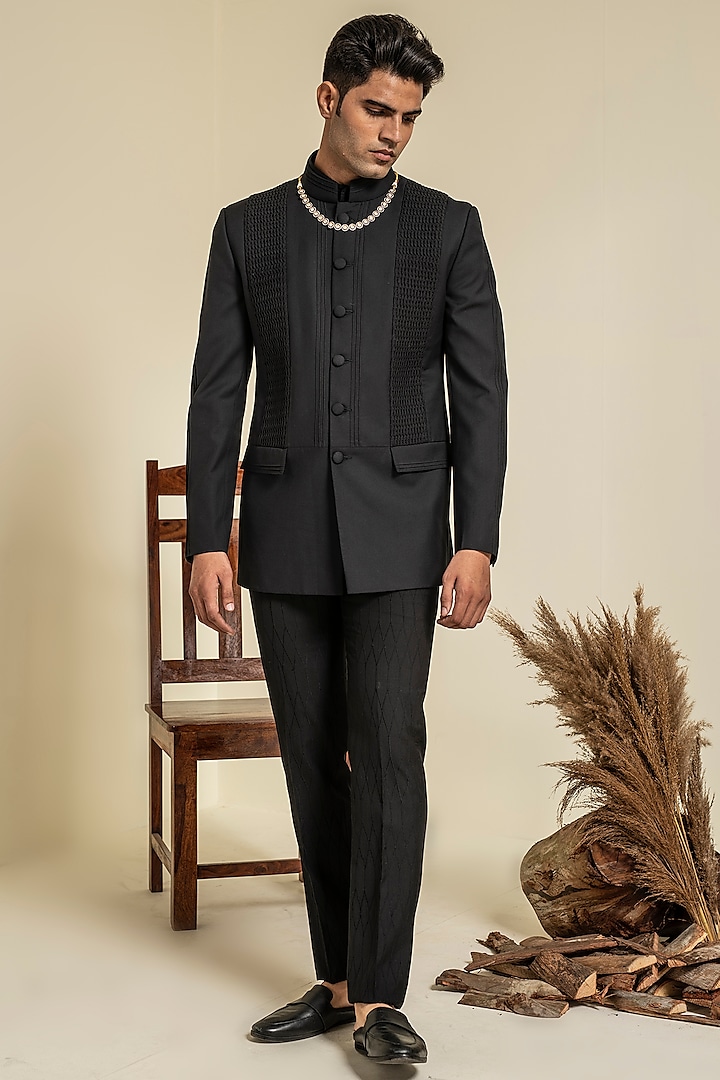 Black Terry Rayon Bandhgala Set by Abkasa