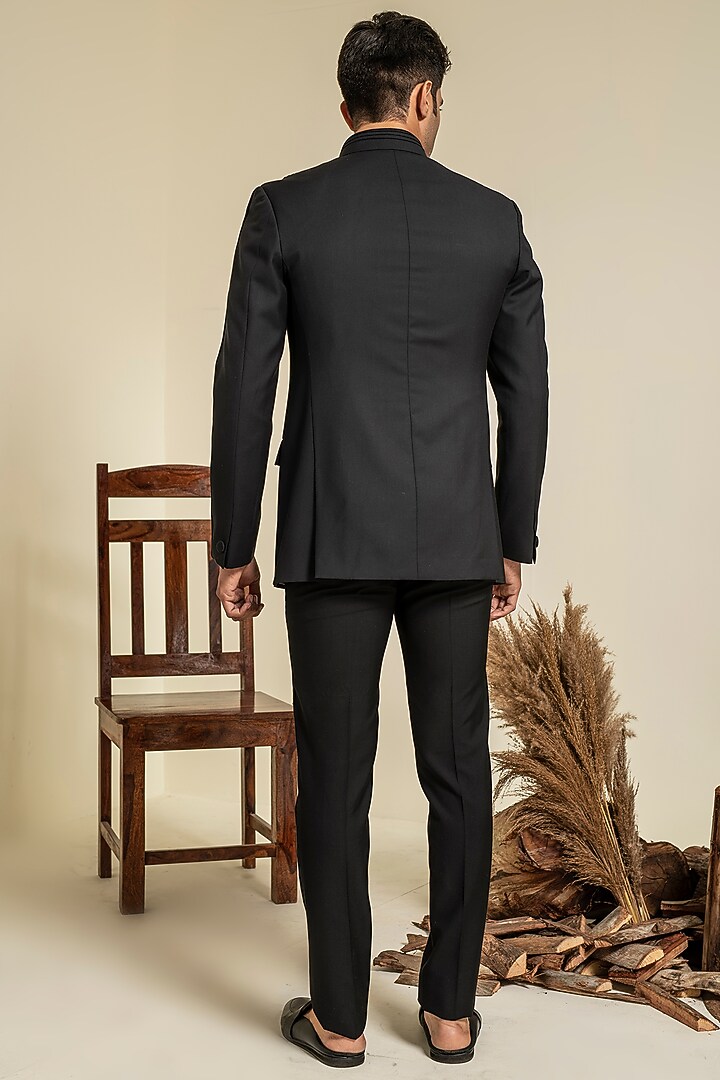 Black Terry Rayon Bandhgala Set by Abkasa at Pernia's Pop Up Shop