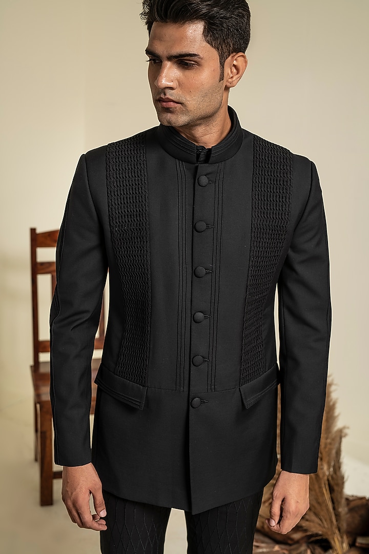 Black Terry Rayon Bandhgala Set by Abkasa at Pernia's Pop Up Shop