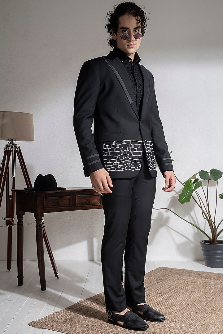 Black Terry Rayon Embroidered Suit Set by Abkasa
