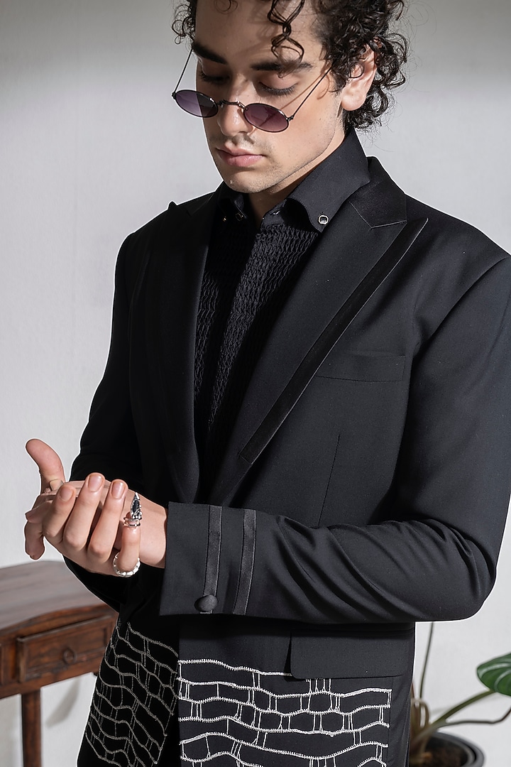Black Terry Rayon Zari Hand Embroidered Jacket Set by Abkasa at Pernia's Pop Up Shop