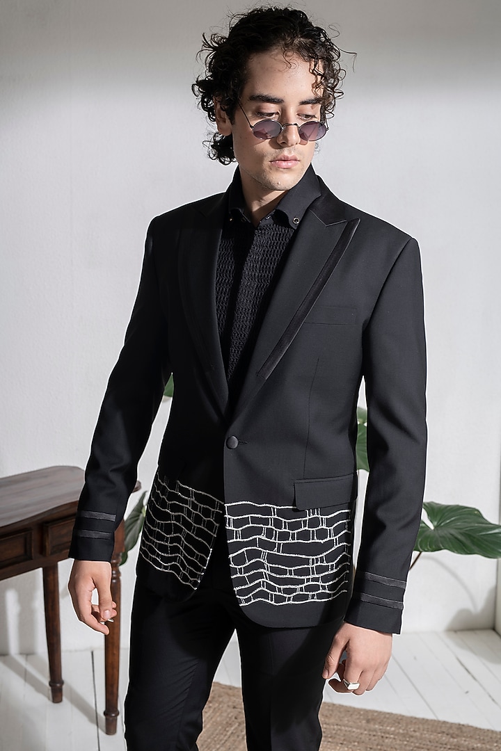 Black Terry Rayon Zari Hand Embroidered Jacket Set by Abkasa at Pernia's Pop Up Shop