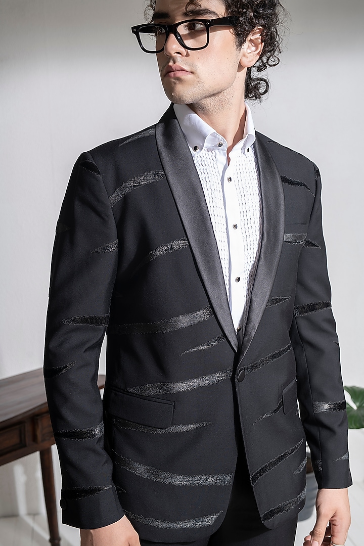 Black Terry Rayon Patchwork Jacket Set by Abkasa at Pernia's Pop Up Shop