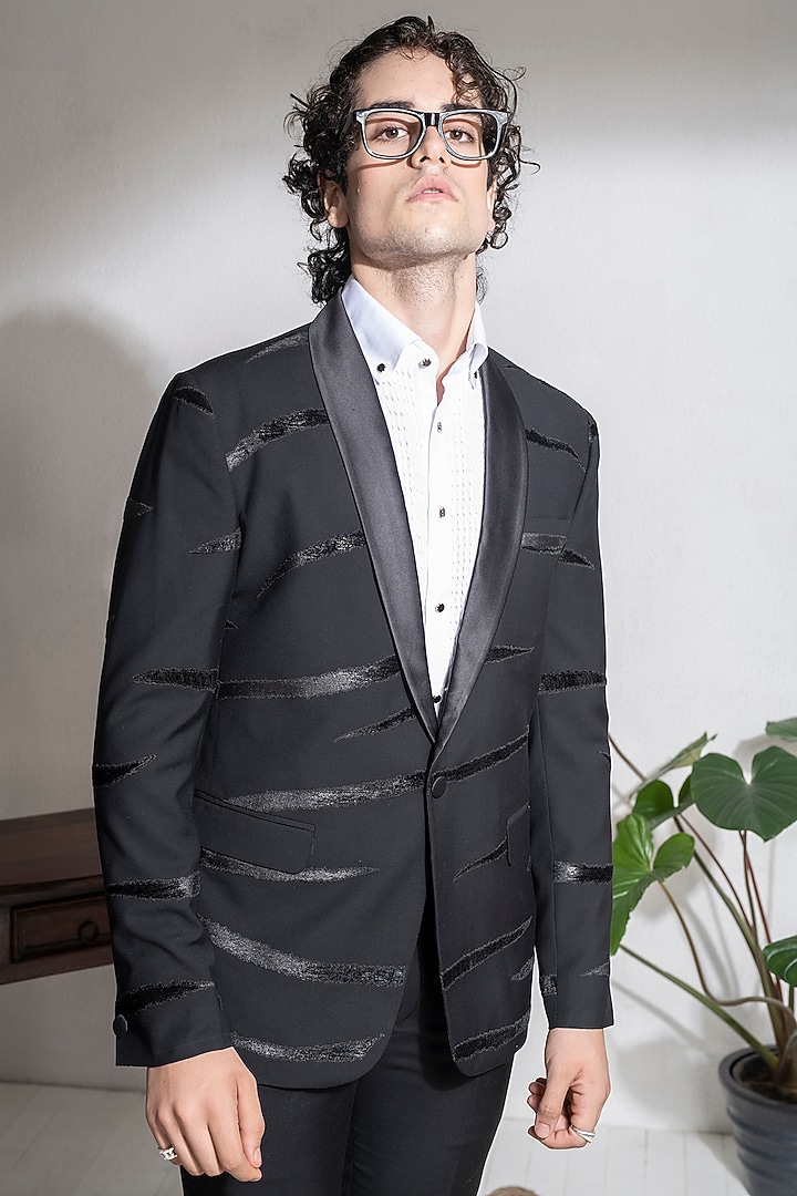 Black Terry Rayon Patchwork Jacket Set by Abkasa at Pernia's Pop Up Shop