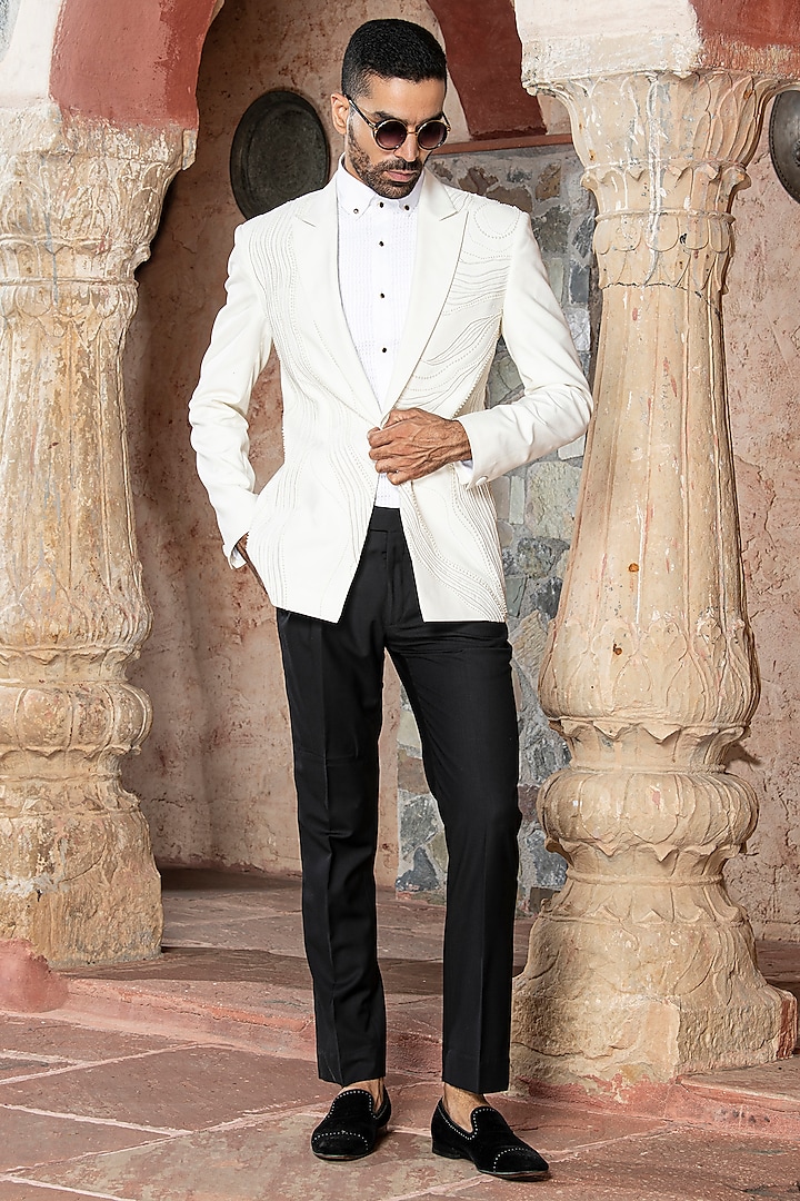 White Suiting Terry Rayon Pearl Embroidered Tuxedo Set by Abkasa