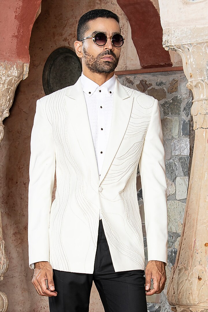 White Suiting Terry Rayon Pearl Embroidered Tuxedo Set by Abkasa at Pernia's Pop Up Shop