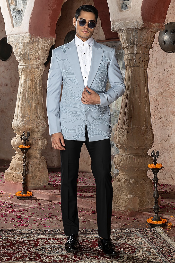 Blue Suiting Terry Rayon Embroidered Tuxedo Set by Abkasa at Pernia's Pop Up Shop