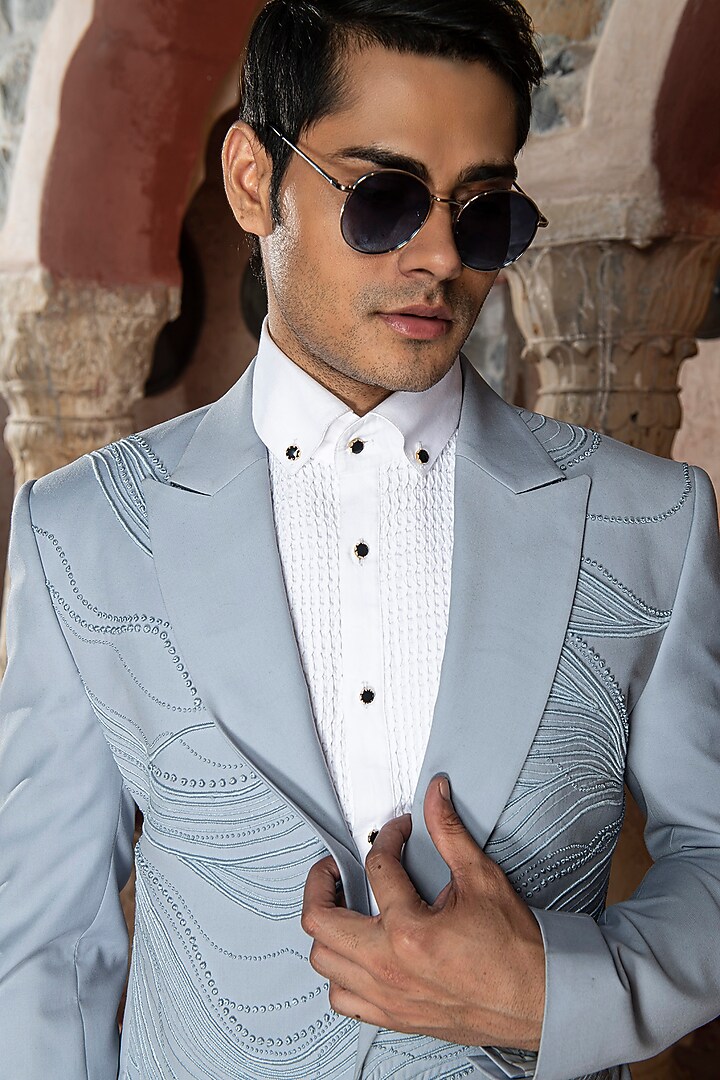 Blue Suiting Terry Rayon Embroidered Tuxedo Set by Abkasa at Pernia's Pop Up Shop