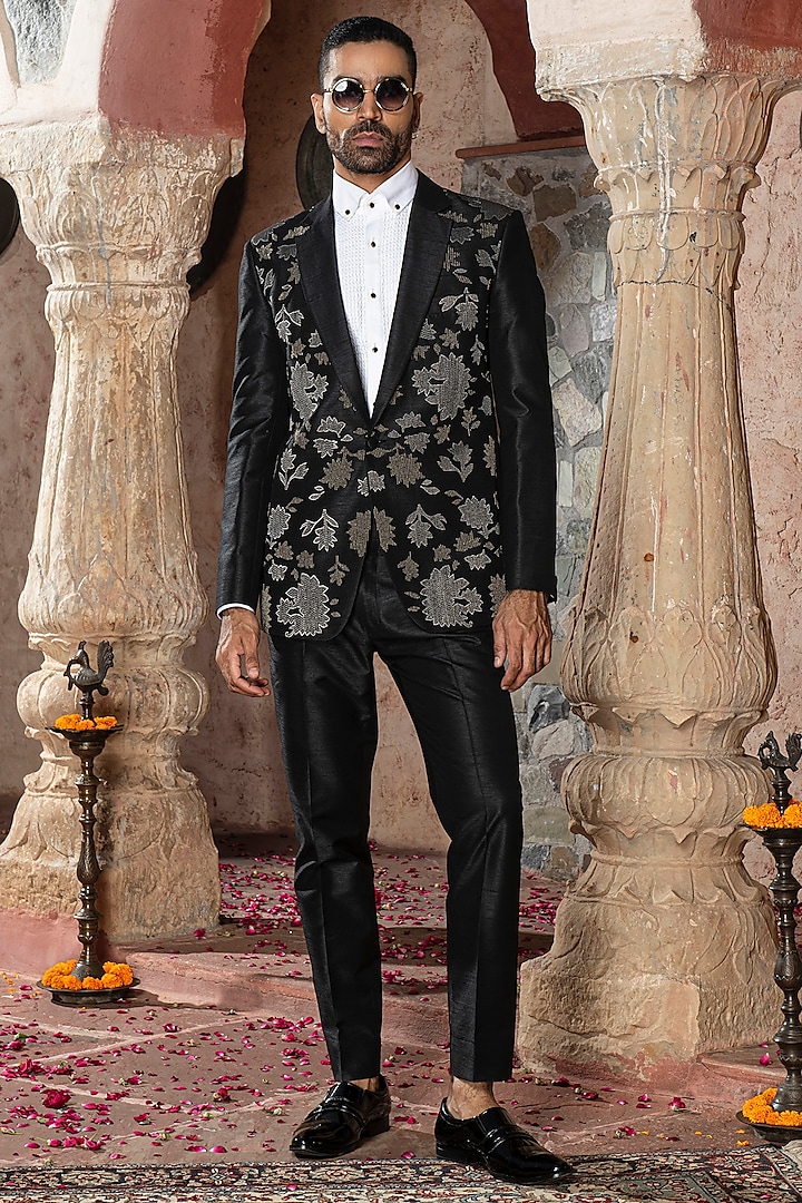 Black Silk Dupion Blend Floral Embroidered Tuxedo Set by Abkasa