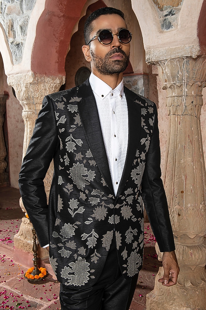 Black Silk Dupion Blend Floral Embroidered Tuxedo Set by Abkasa at Pernia's Pop Up Shop