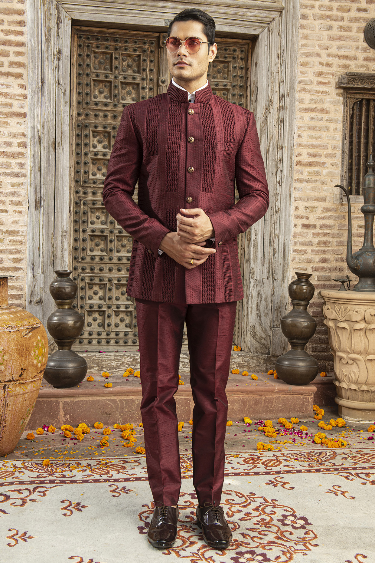 Maroon Dupion Silk Blend Wedding Bandhgala Set by Abkasa at Pernia's Pop Up Shop
